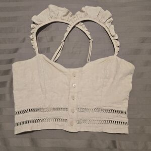Fashion Nova Cream Cropped Button Tank With Ruffled Straps. Size S.